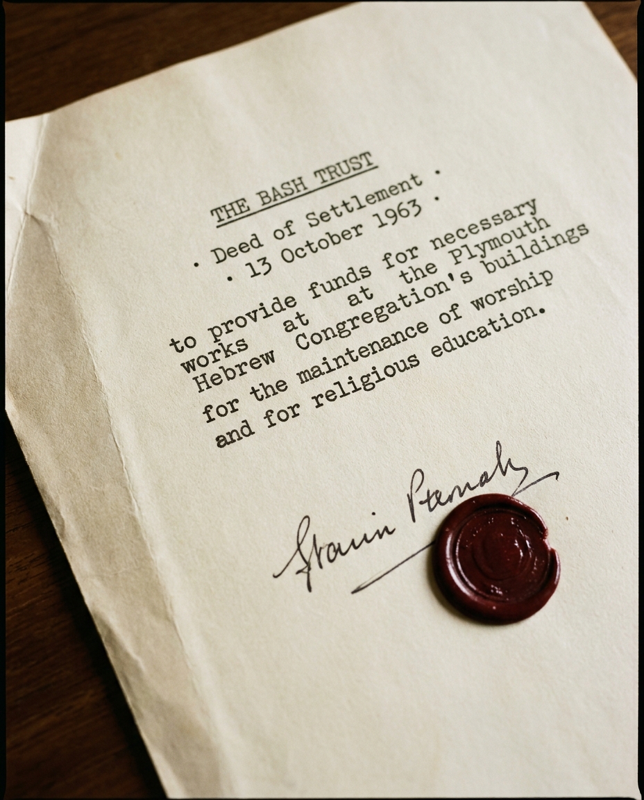 A close-up of the 1963 trust deed on cream paper, with a fountain-pen signature and a small red seal at the lower edge.