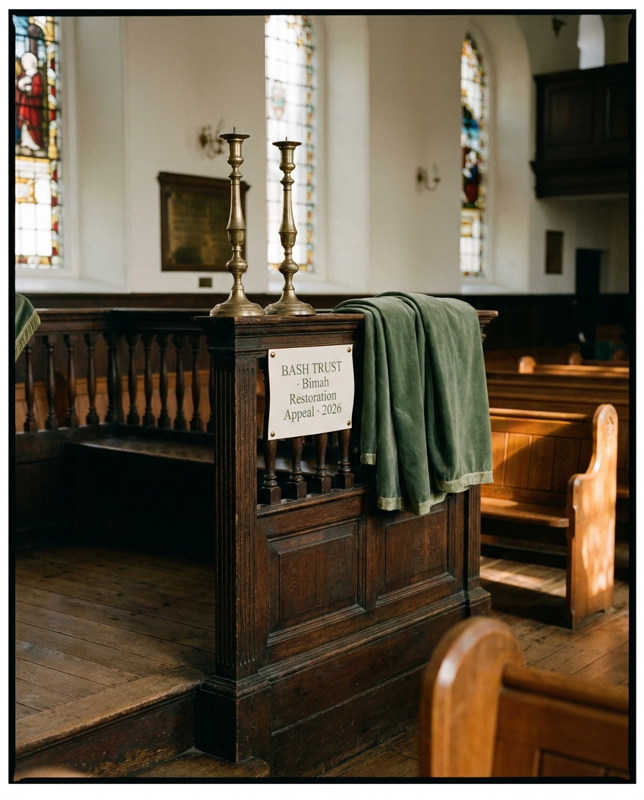 The carved central bimah of the Catherine Street synagogue, with brass candlesticks.