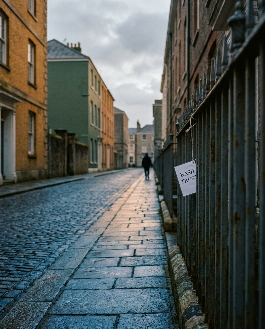 A view down Catherine Street in Plymouth's old town, with the synagogue's iron railings to one side and the wet cobbles catching morning light.