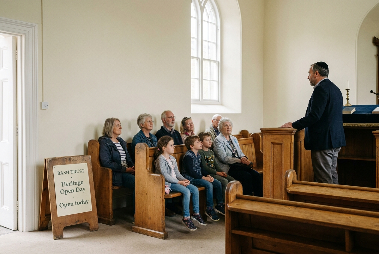 A small group of visitors gathered inside the prayer hall during a Heritage Open Day, listening to a warden speak from the bimah.