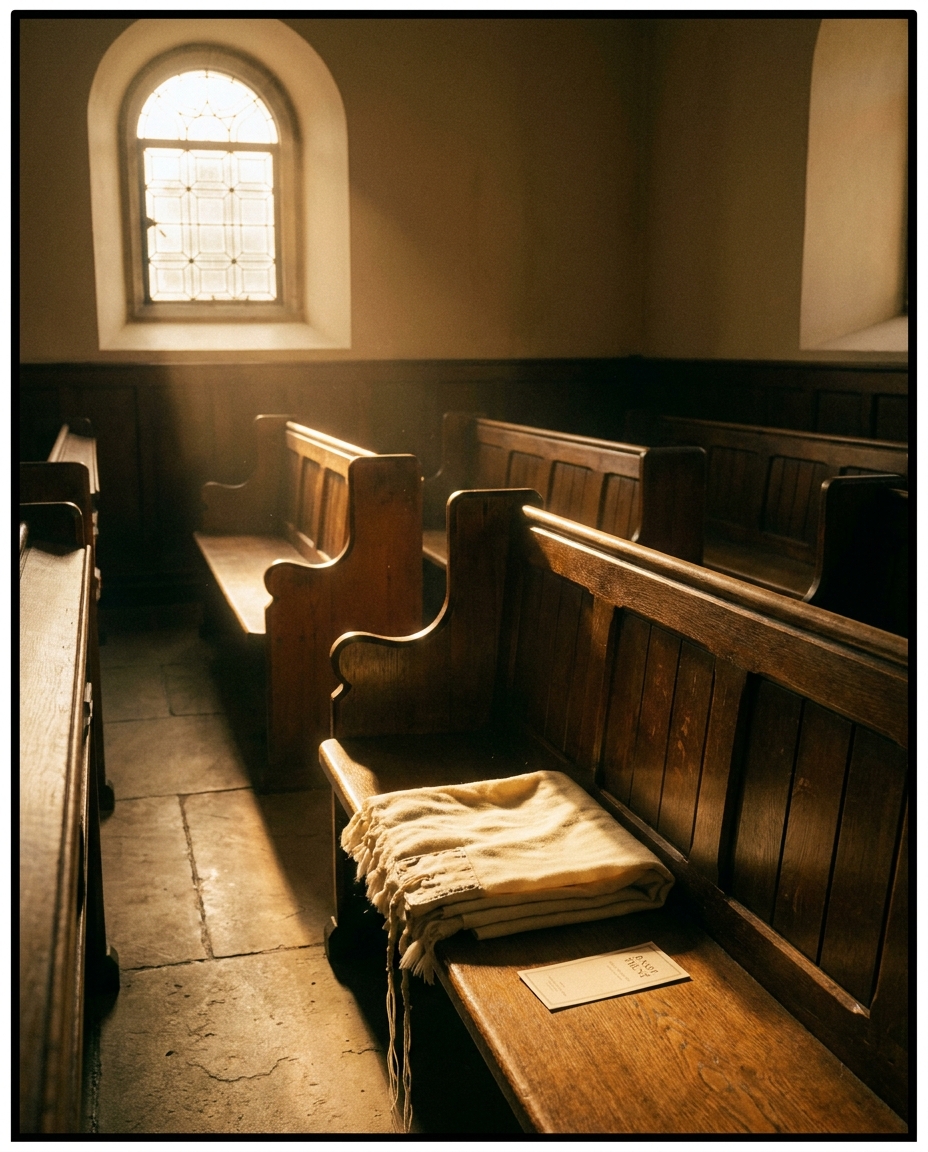The light from a high arched window of the Catherine Street synagogue falling across the polished oak benches in late afternoon.