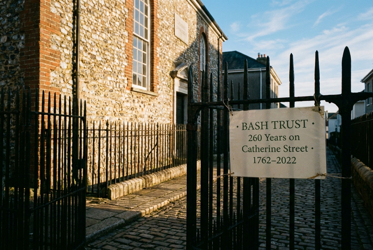 The exterior of the Catherine Street synagogue lit by a low winter sun.