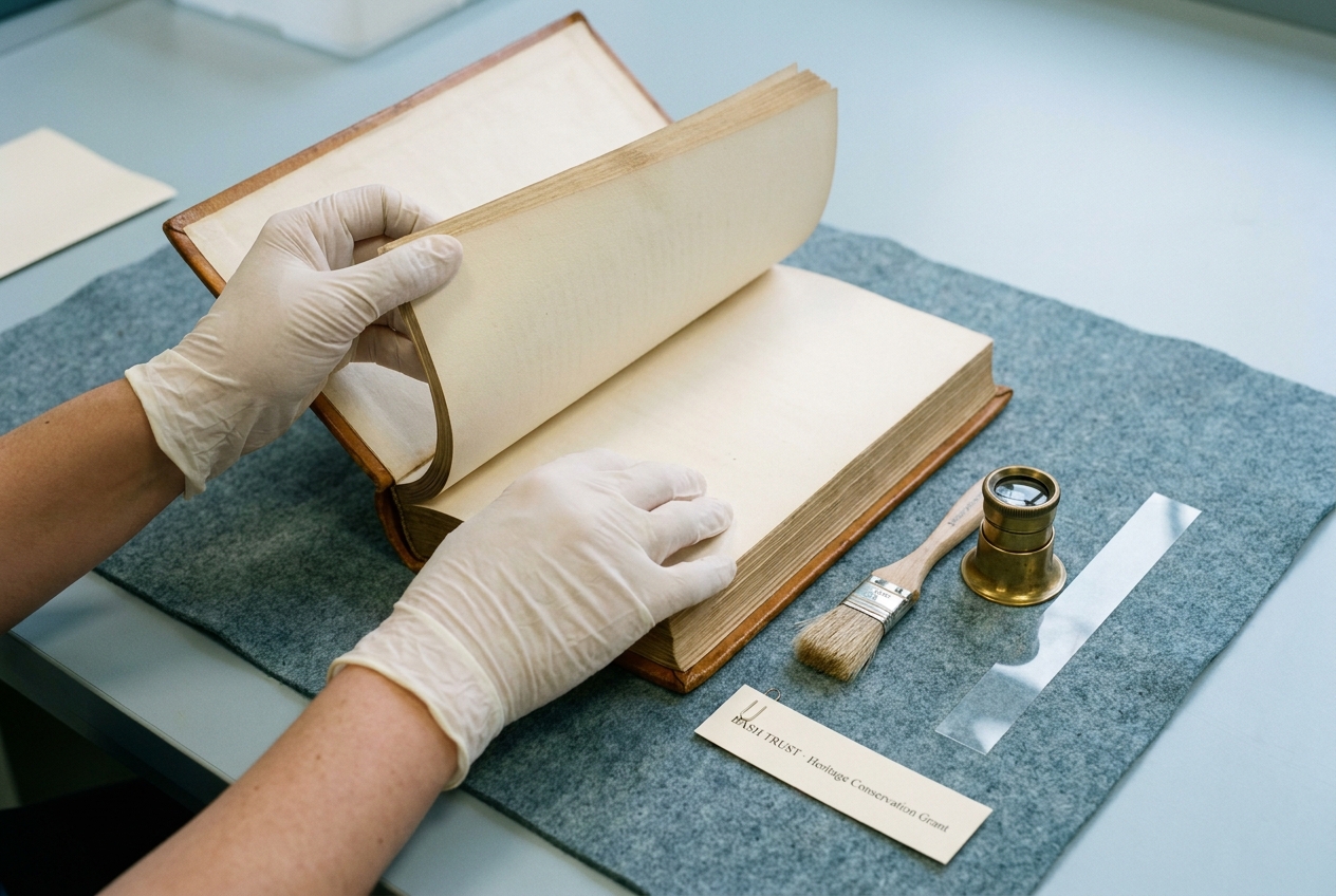 A pair of hands turning the pages of a calf-bound minute book from the 1820s.
