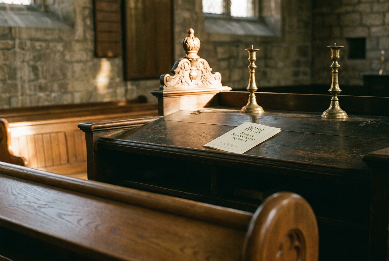 The Catherine Street bimah seen from above with afternoon light striking the carved finial.