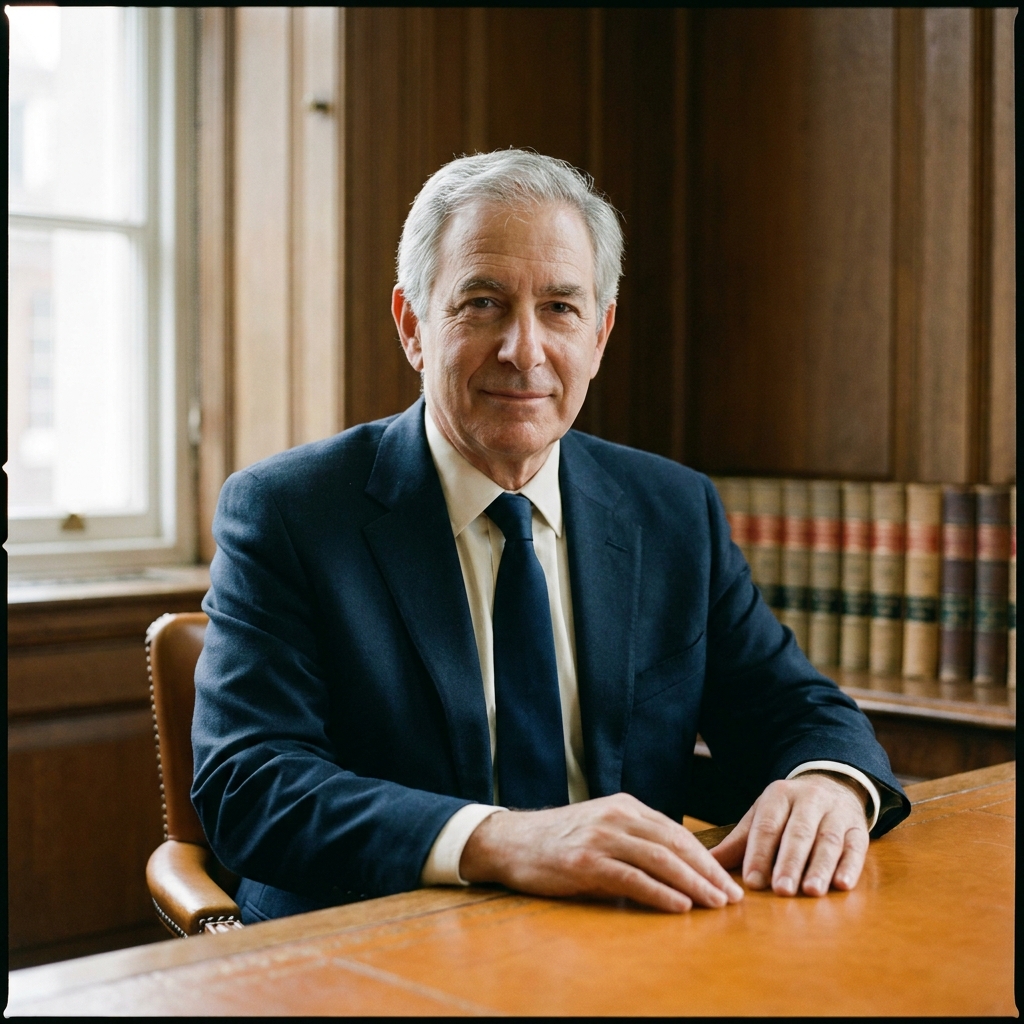 A studio portrait of David Gerard Goldberg in dark suit and tie, photographed in his chambers.