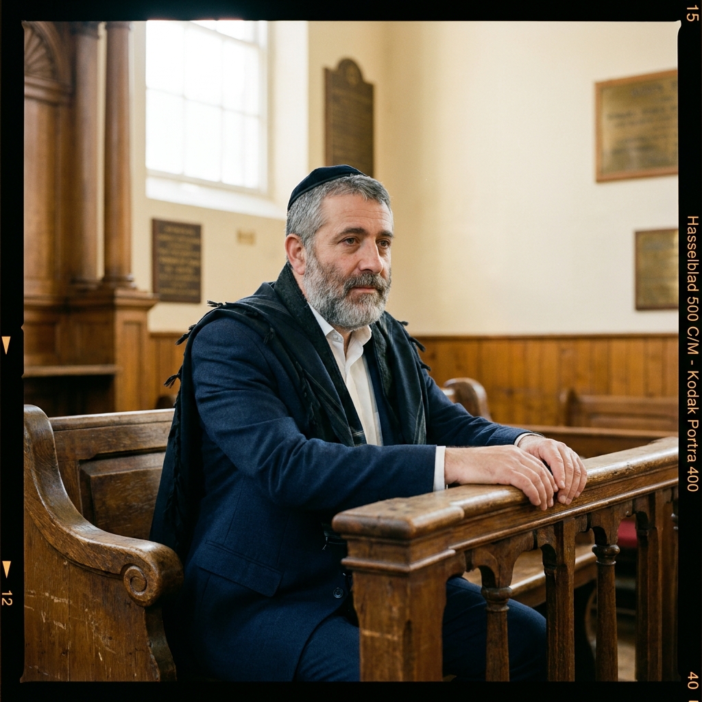 A documentary portrait of Rabbi Shimon Cohen seated at the bimah, wearing a navy suit and dark tallit.
