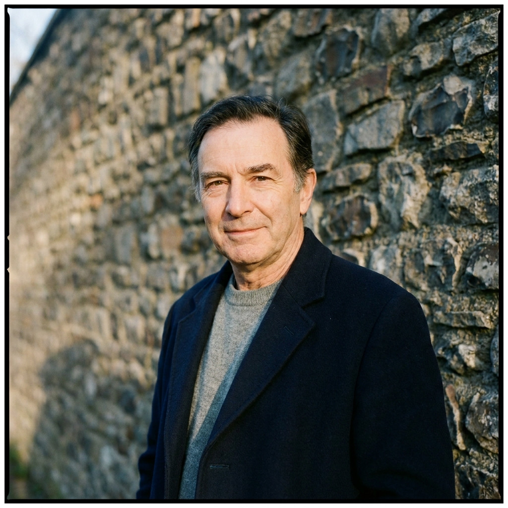 A documentary portrait of Roderick Richman in a navy coat, photographed against a flint wall.
