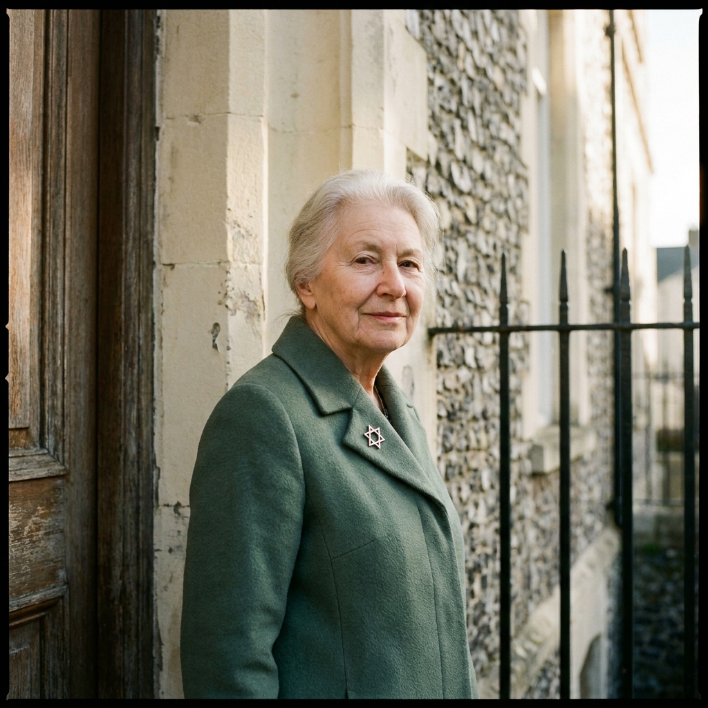A documentary portrait of the synagogue's senior warden, in a green coat, photographed at the door of the synagogue.