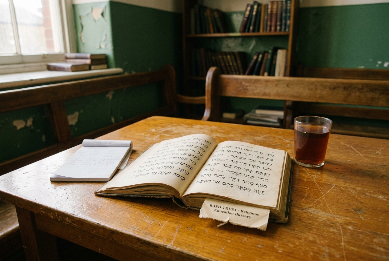 A worn Hebrew primer lying open on a wooden table at the synagogue's classroom, beside a glass of dark tea and a small notepad.