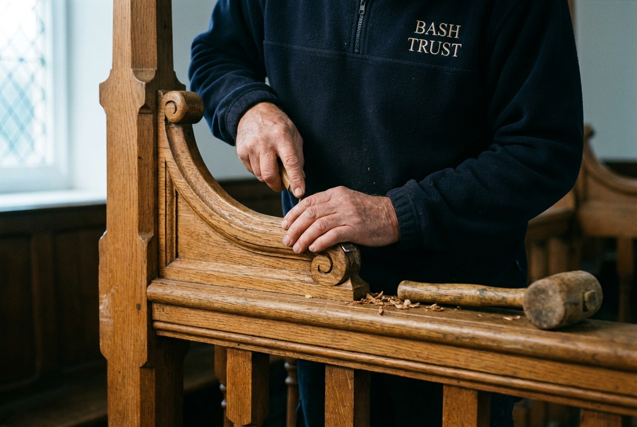A craftsman's hands working a small chisel against the carved rail of the synagogue's bimah, with light from a north-facing window.