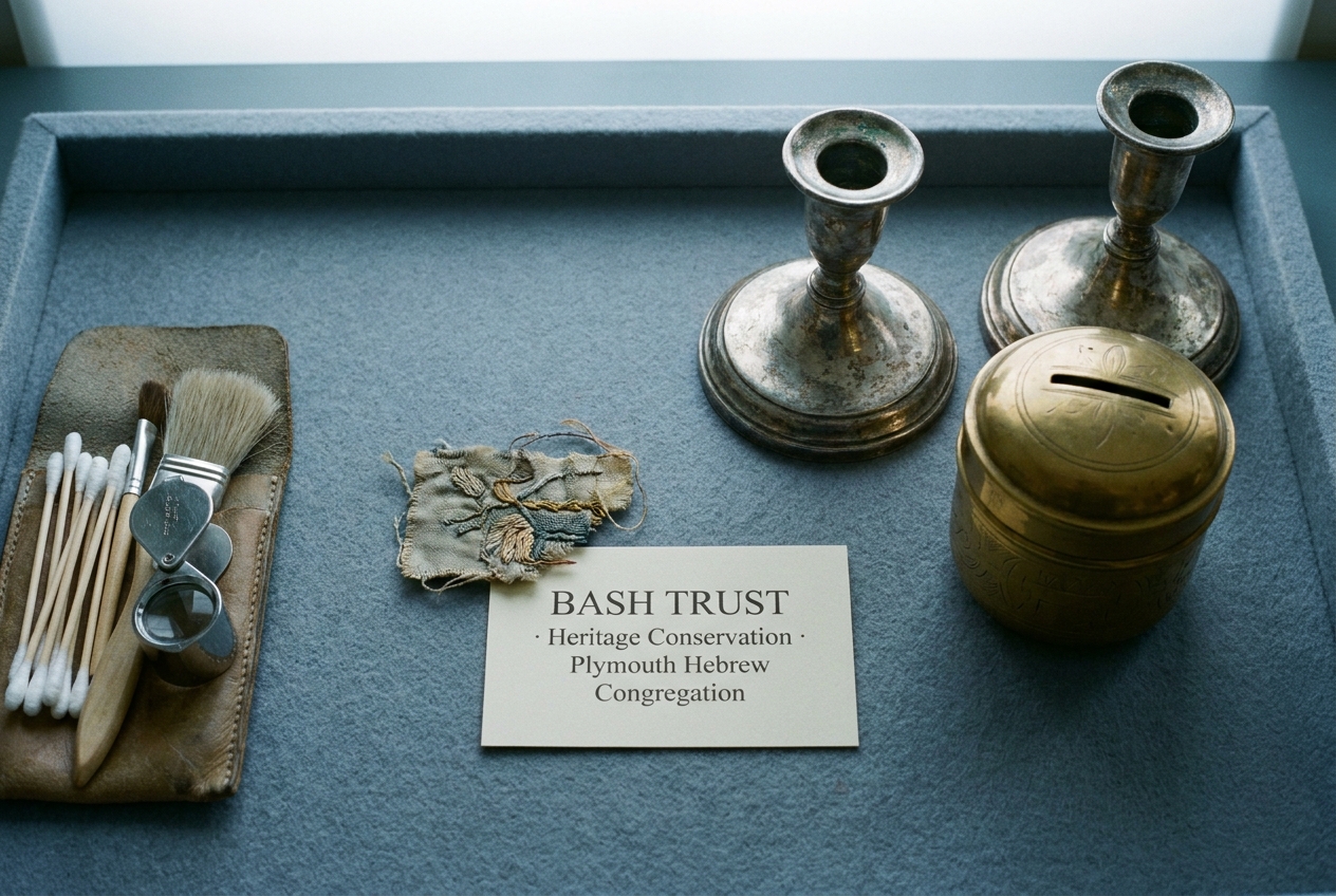 Silver candlesticks, a brass alms box and a small textile fragment laid out on a felt-lined conservation table.