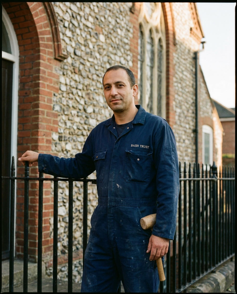 Asher, a man in his early forties, in carpenter's overalls outside the synagogue with a hand on the iron railings.