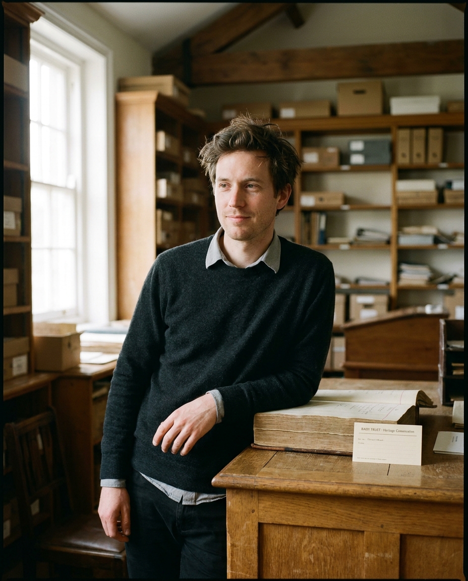 Eli, in his thirties, leaning on a desk in the upstairs archive room with a 19th-century minute book open beside him.