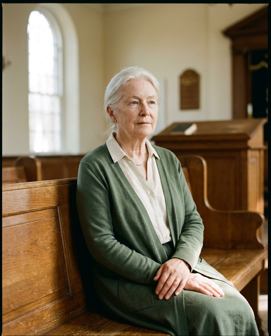 Margaret, in her late seventies, seated on a polished bench in the synagogue with afternoon light on her hands.