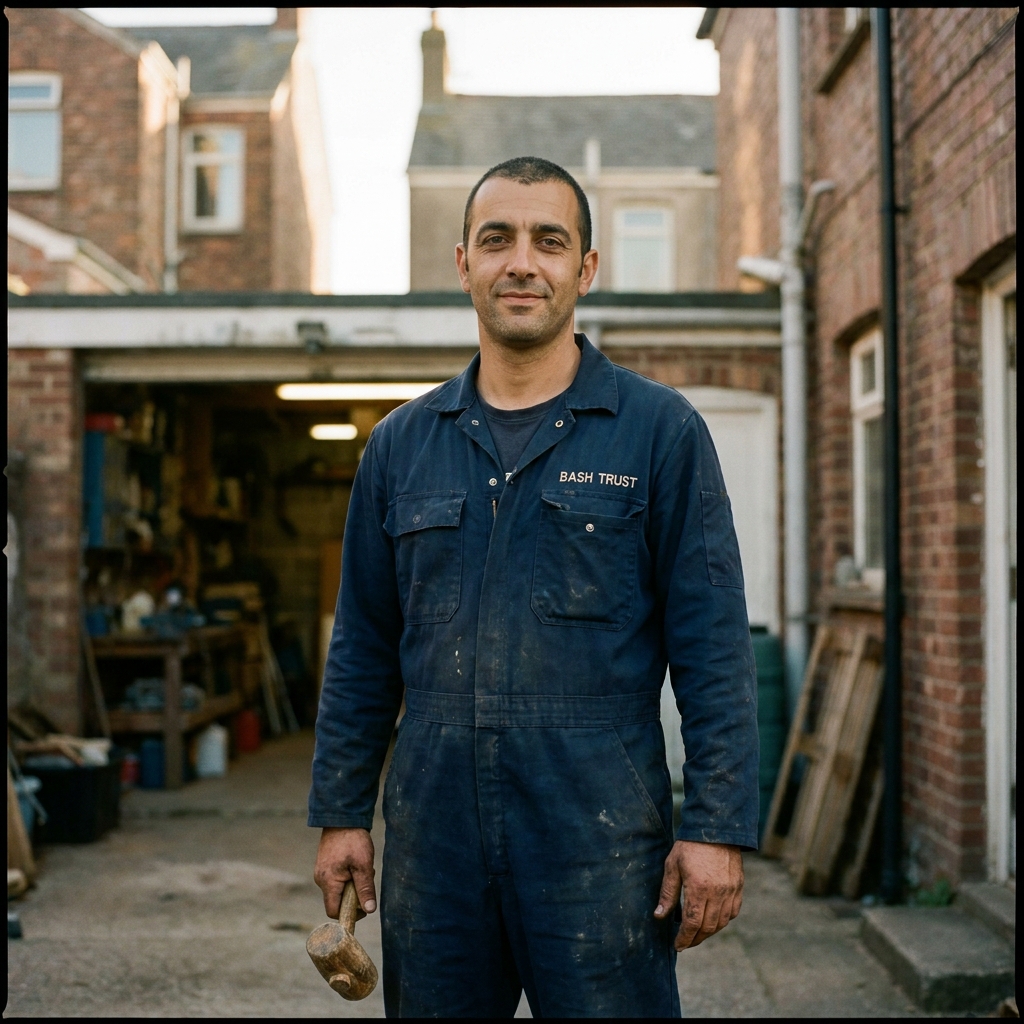 Asher, in his early forties, photographed in carpenter's overalls outside his workshop with a small wooden mallet in his right hand.