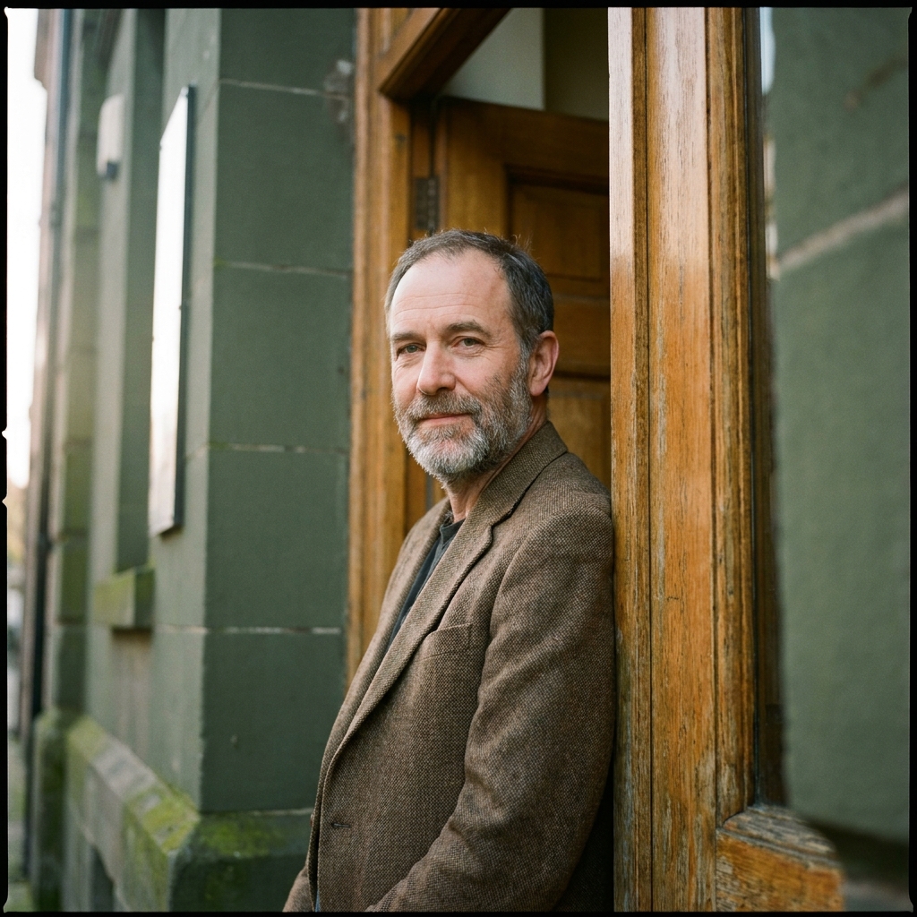 Daniel, in his early fifties, photographed in a tweed jacket leaning on the doorframe of the synagogue's side entrance.