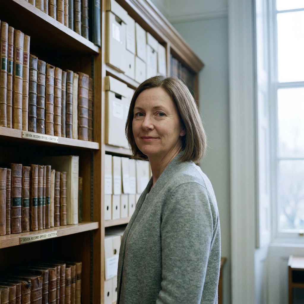 Elizabeth, in her early fifties, photographed in a librarian's cardigan beside a shelf of leather-bound books at the Devon Record Office.