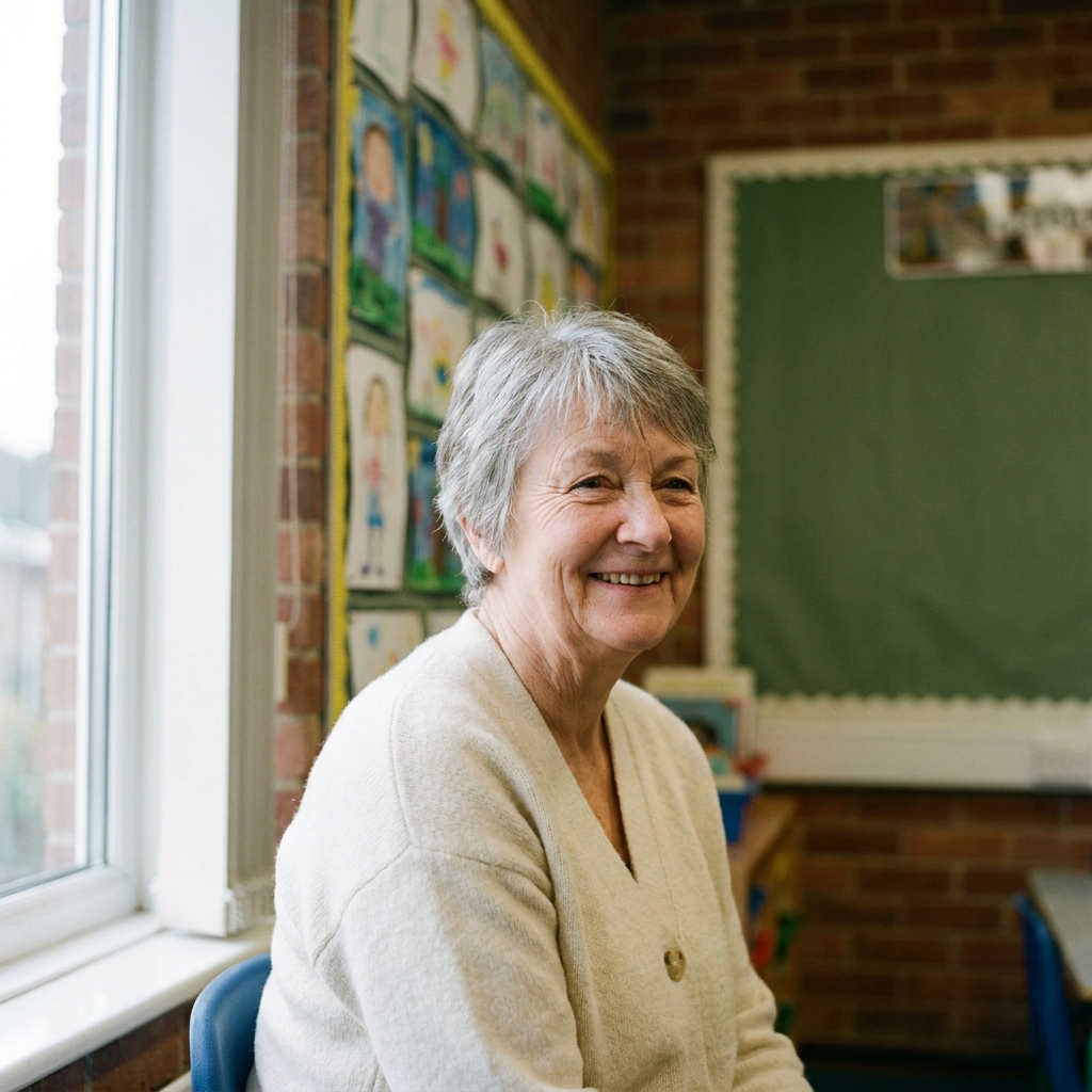 Helena, in her late sixties, photographed in a wool cardigan in a classroom with primary-school art on the walls.