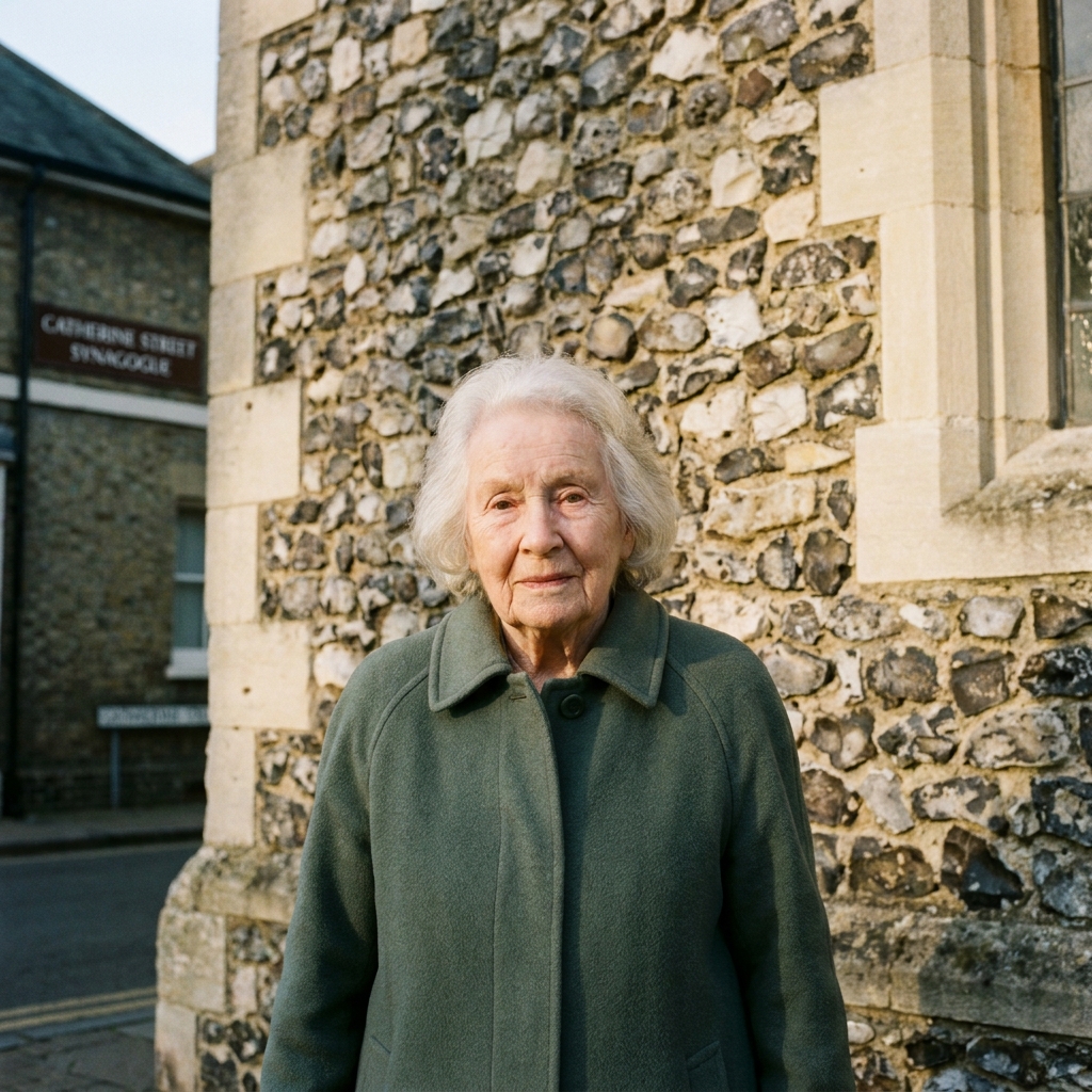 Naomi, in her seventies, photographed in a green coat against the flint wall outside the synagogue, late afternoon light.