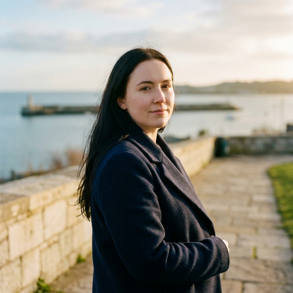 Rebecca, in her late twenties, photographed in a navy coat on Plymouth Hoe with the Sound behind her.